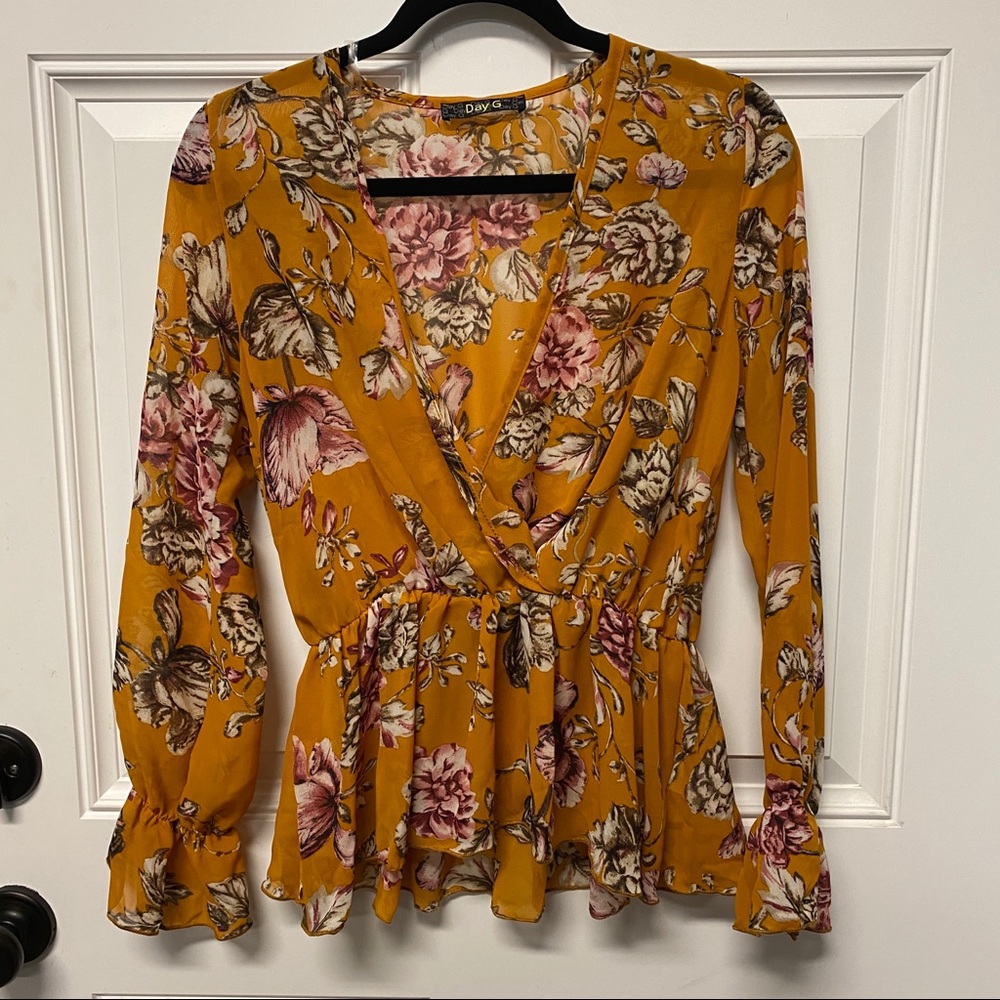 Mustard Floral Faux Wrap Peplum Blouse, Medium